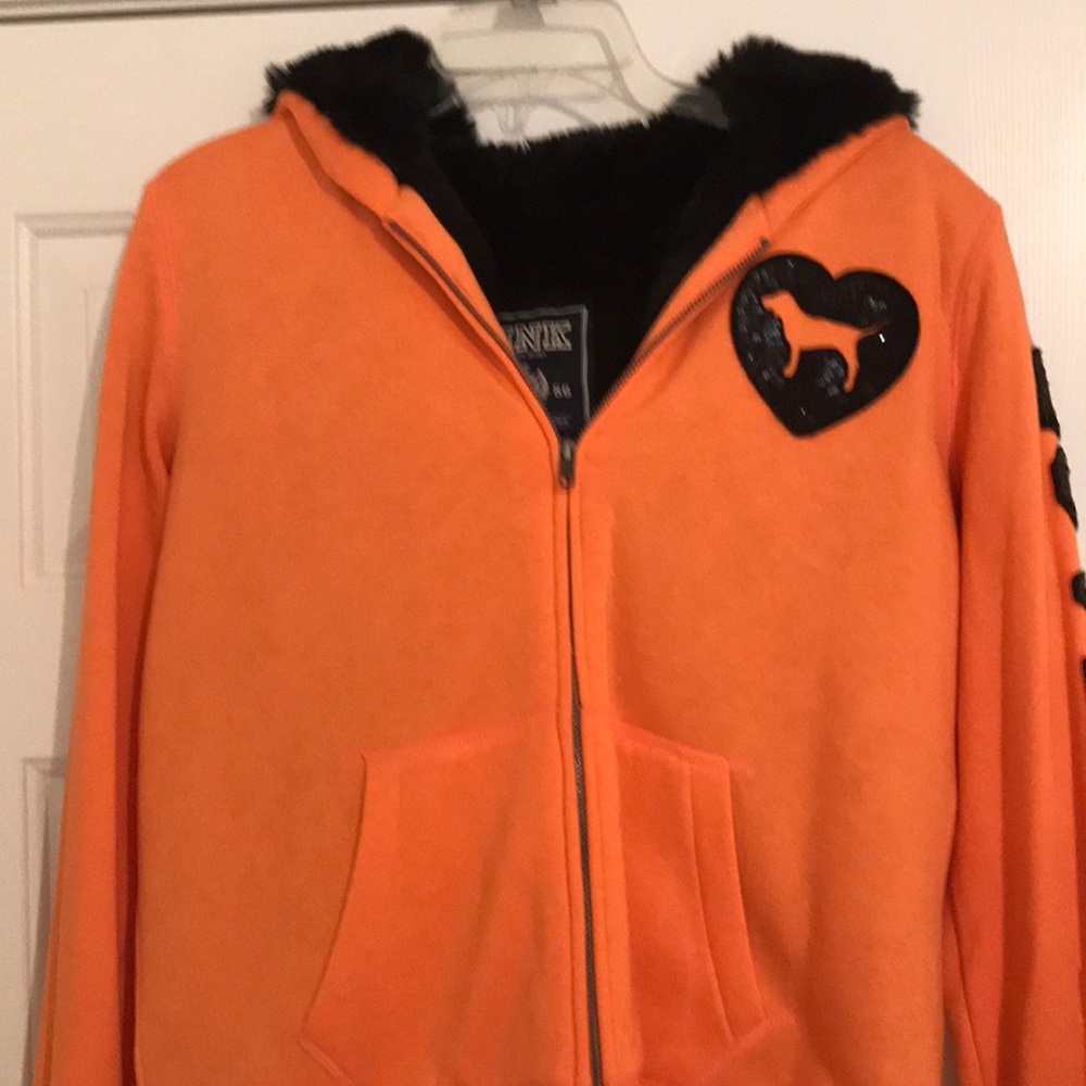 VS Pink brand Orange and Black fur lined zip up